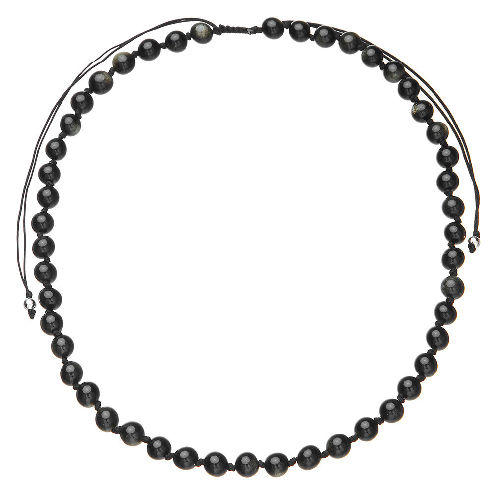 Bohemian Style Adjustable Braided Necklace with Obsidian Pendant Geometric Shape Natural Stone Men Women Unisex Jewelry