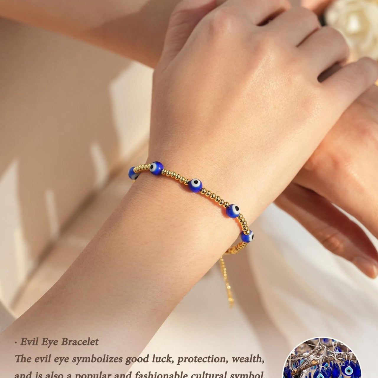 Minimalist Gold Plated Stainless Steel Evil Eye Bracelet Adjustable Lobster Clasp Geometric Charm