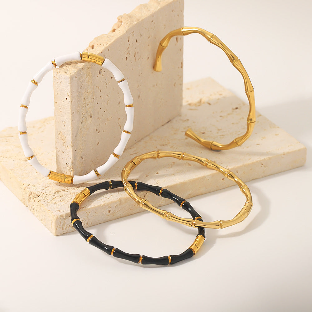 Minimalist Bamboo-Shaped Titanium Steel C-Clasp Bracelet for Women with Plated Finish