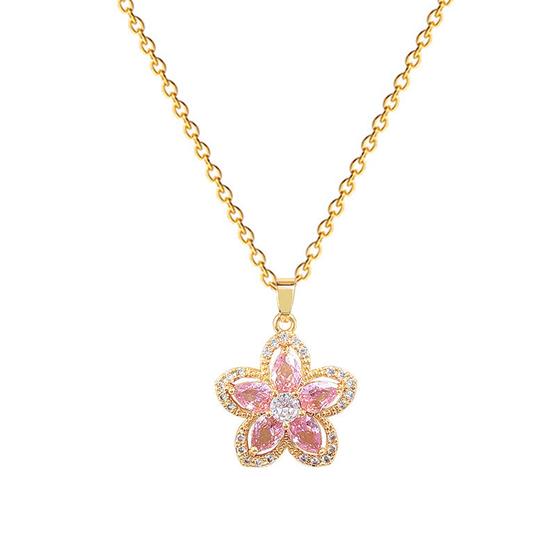 Sweet and Fresh Pink Five-Petal Flower Pendant Necklace in Titanium Steel with Rhinestone Inlay for Women