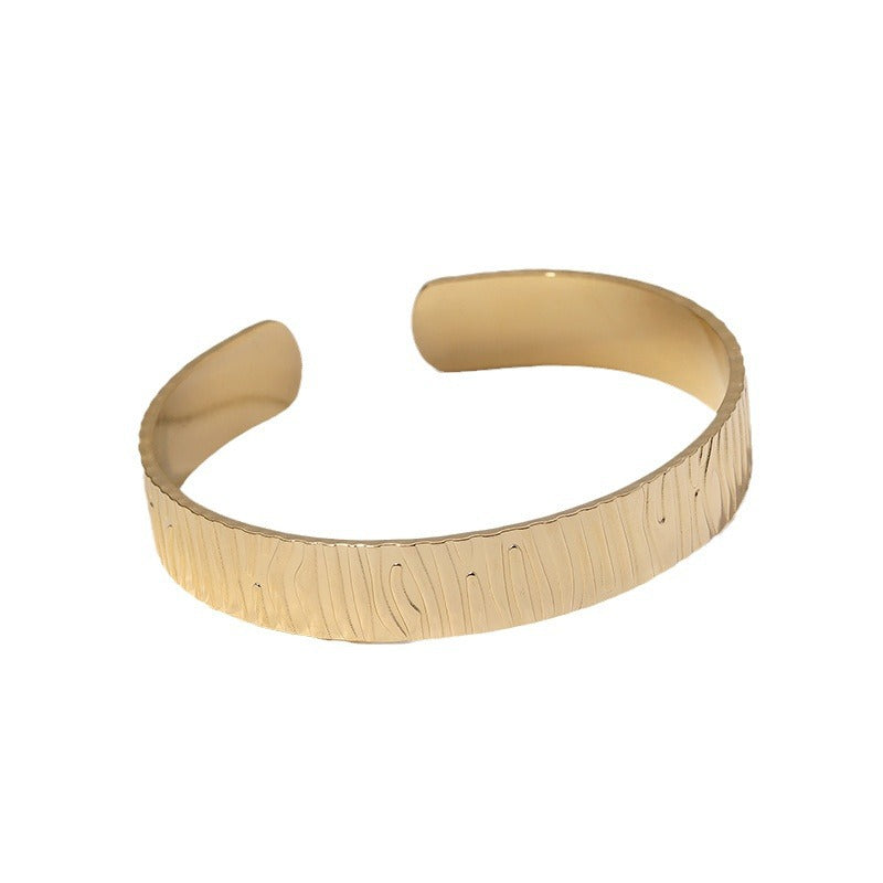 Minimalist Embossed Open Cuff Bracelet 18K Gold Plated Stainless Steel Women