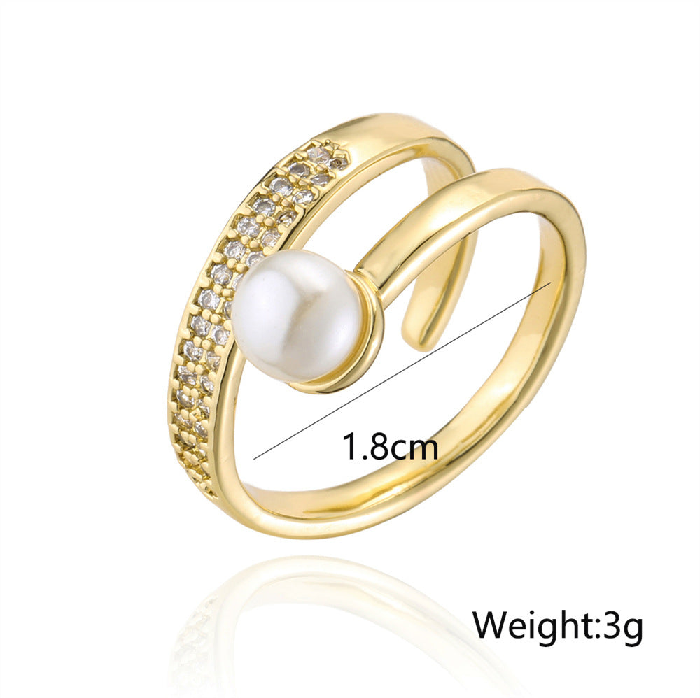 Anillo abierto geométrico para mujer de cobre con micro-pavé de circonita y chapado en oro de 18K