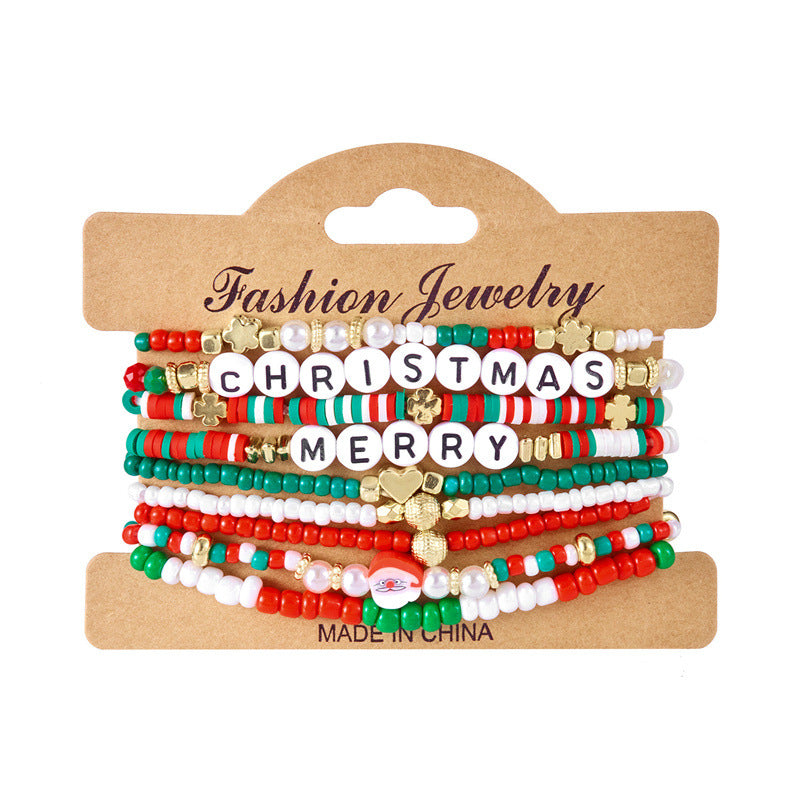 Handmade Polymer Clay Christmas Bracelet Set with Alphabet and Tree Beads Alloy Chain for Women Festive Holiday Gift