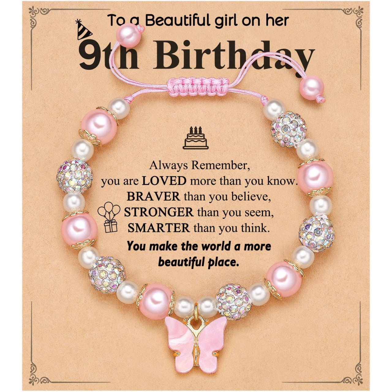 Sweet Pink Acrylic Butterfly Pendant Imitation Pearl Beaded Bracelet for Women