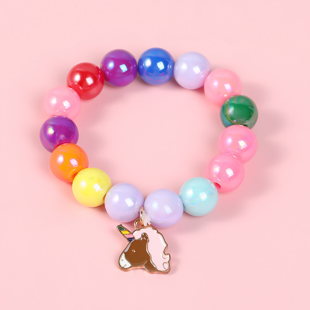 Pulsera de cuentas geométricas estilo dibujo animado para niñas con dije de esmalte en material de aleación para edades de 3 a 10+