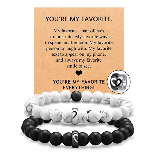 Minimalist Matte Stainless Steel Heart Bracelet Set with Black and White Turquoise for Couples