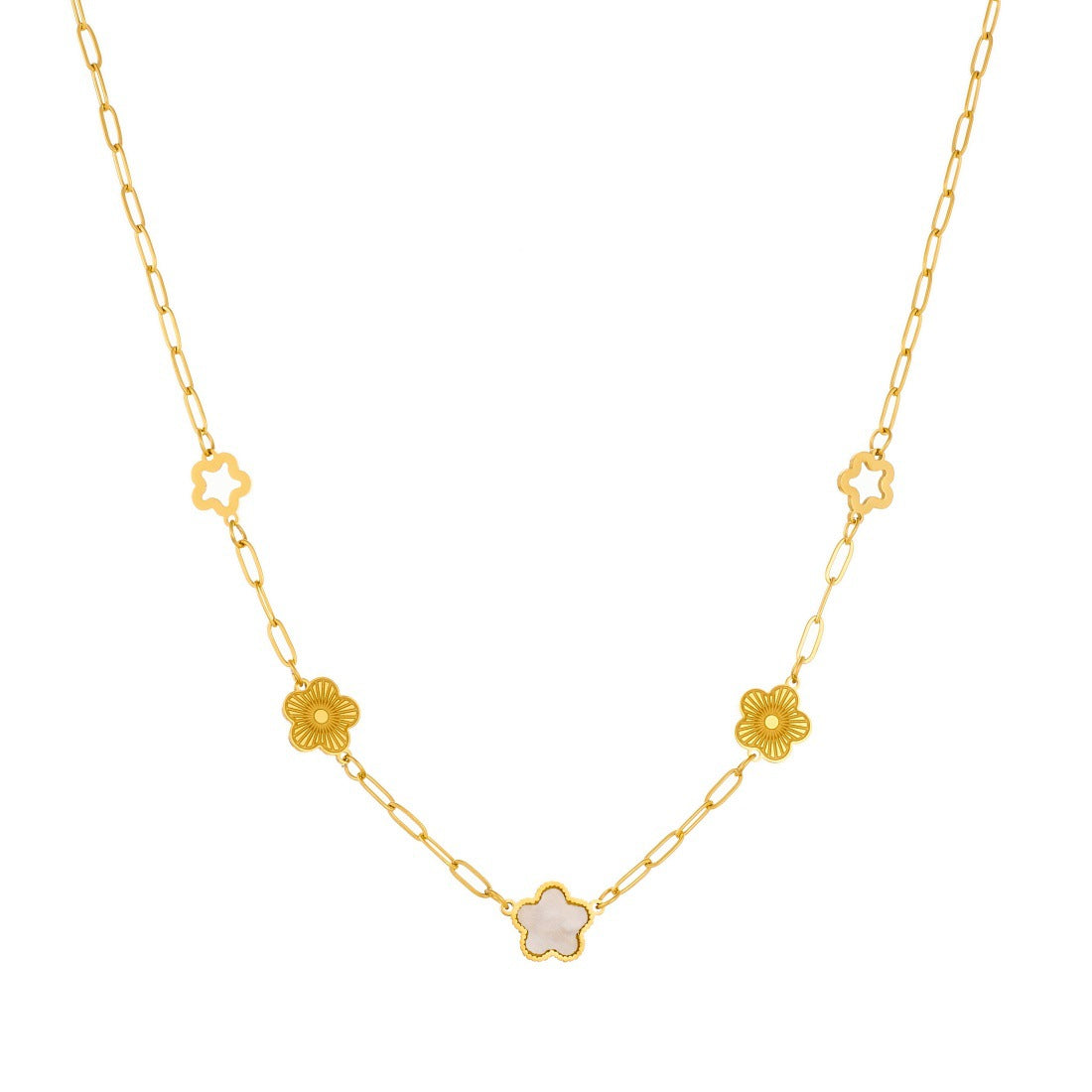 Vintage Gold Plated Hollow Floral Stainless Steel Curb Chain Necklace