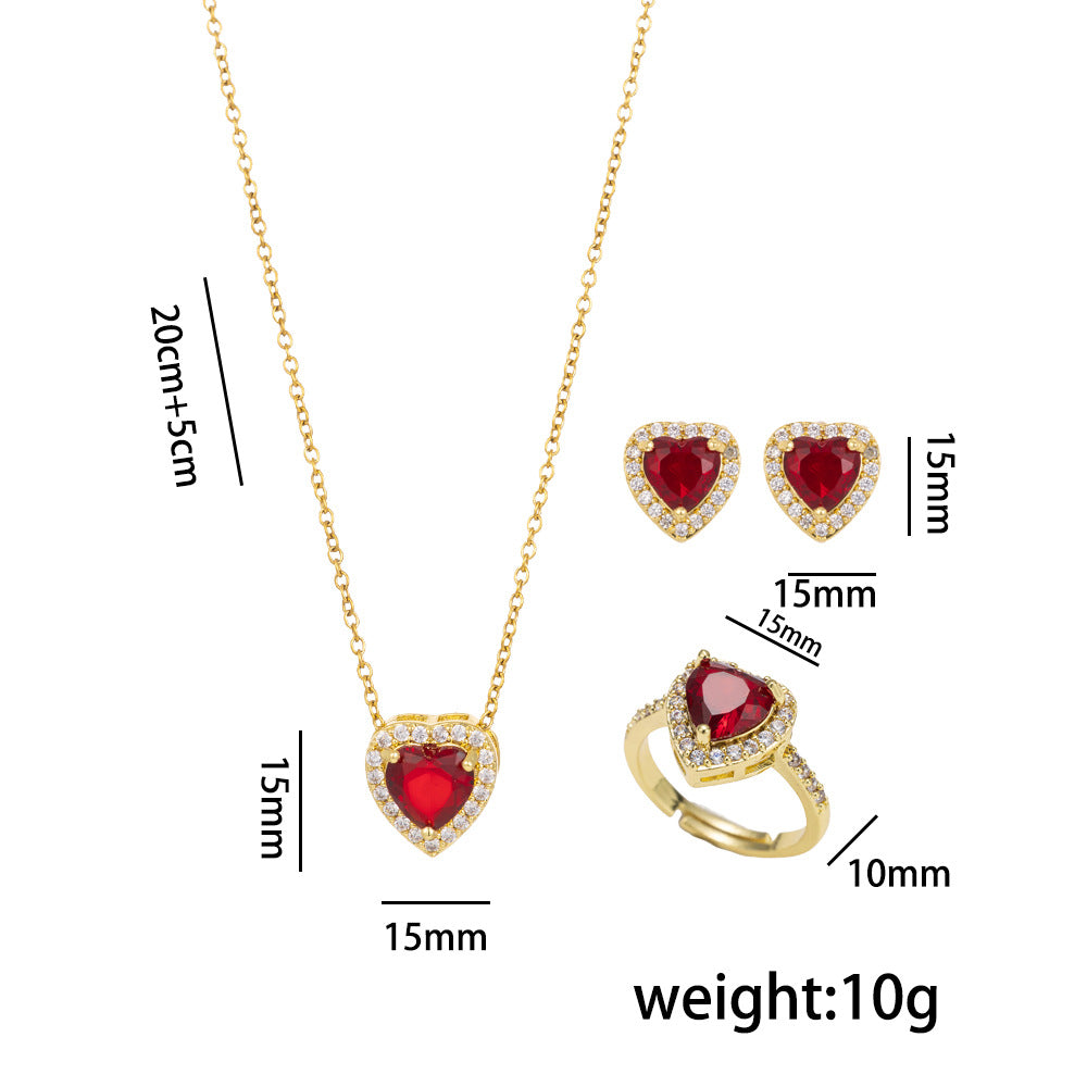 Luxury Minimalist Heart-Shaped Zirconia-Set Titanium Steel Necklace Set for Women with Earrings and Bracelet