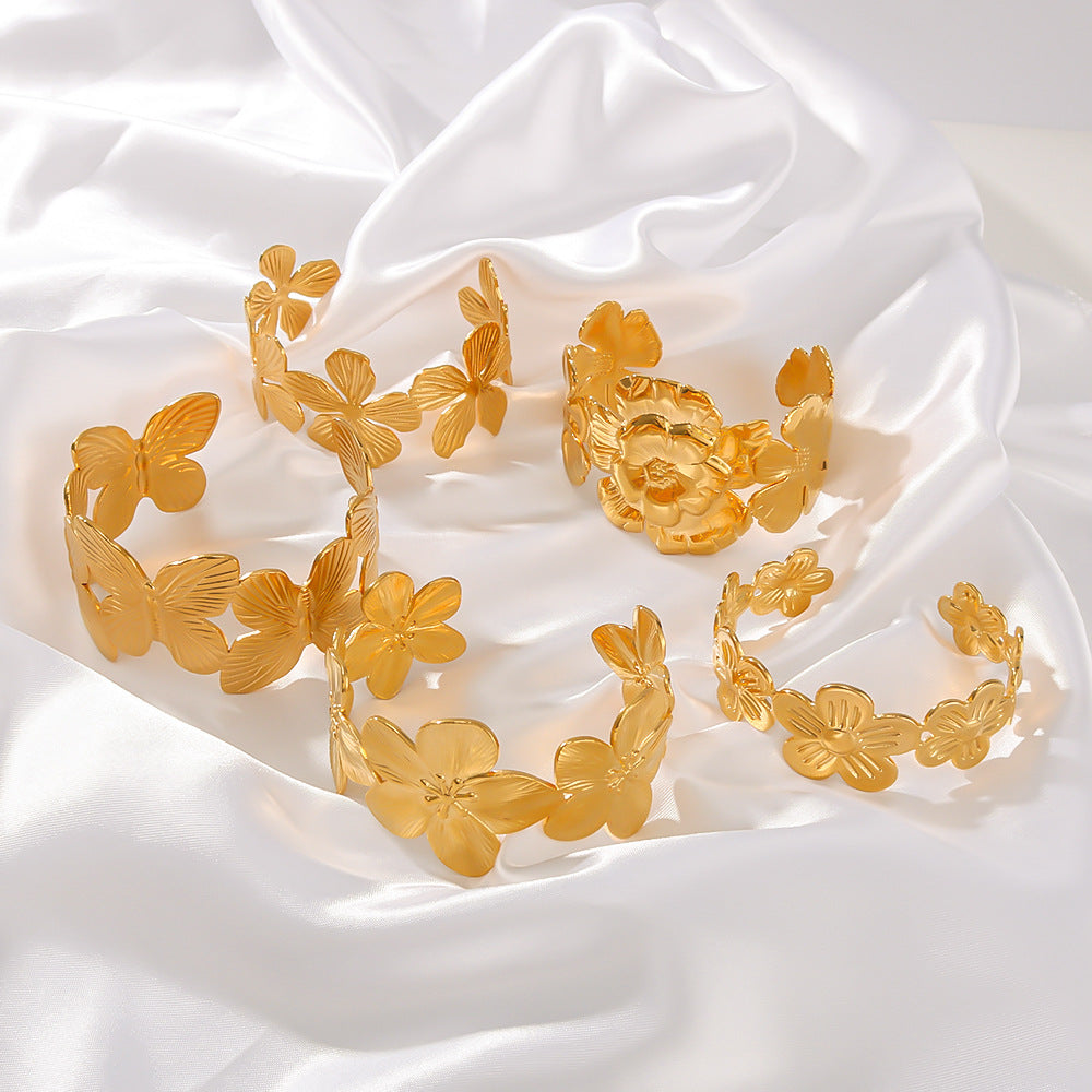 Fashionable 18K Gold Plated Stainless Steel Leaf Butterfly Floral Open Cuff Bracelet for Women