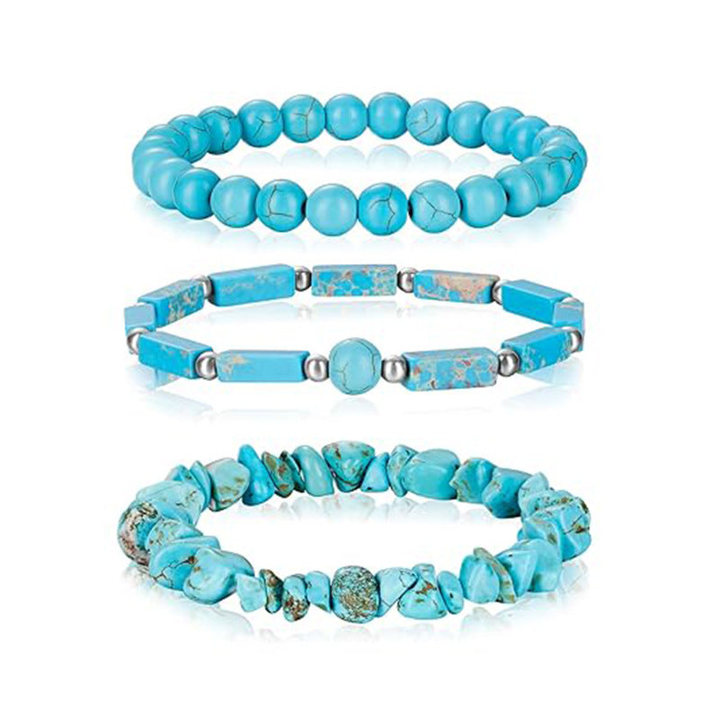 Natural Turquoise Tiger Eye Agate Geometric Round Beaded Stretch Bracelet Set for Men and Women