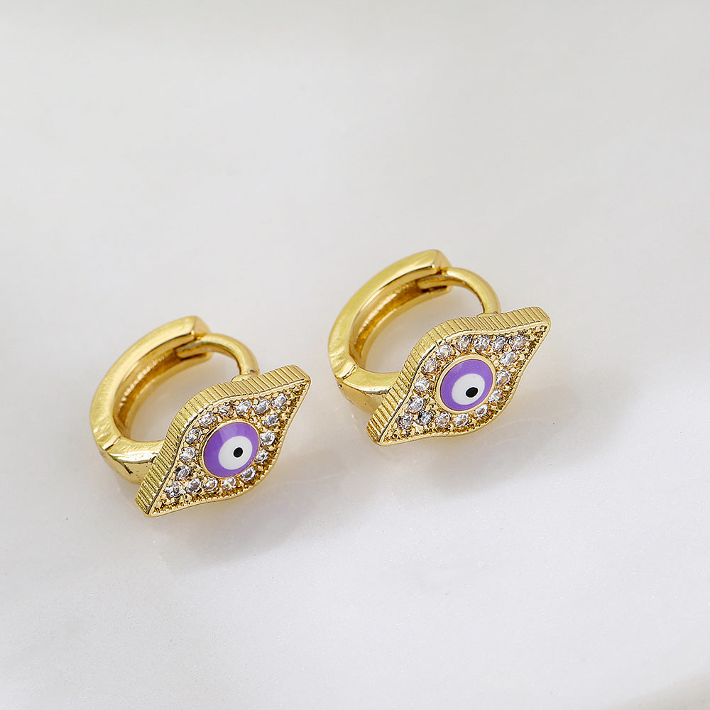 Orecchini a Cerchio da Donna con Occhio di Allah Geometrico Minimalista in Rame con Placcatura in Oro 18K e Intarsio in Zirconia Smaltata