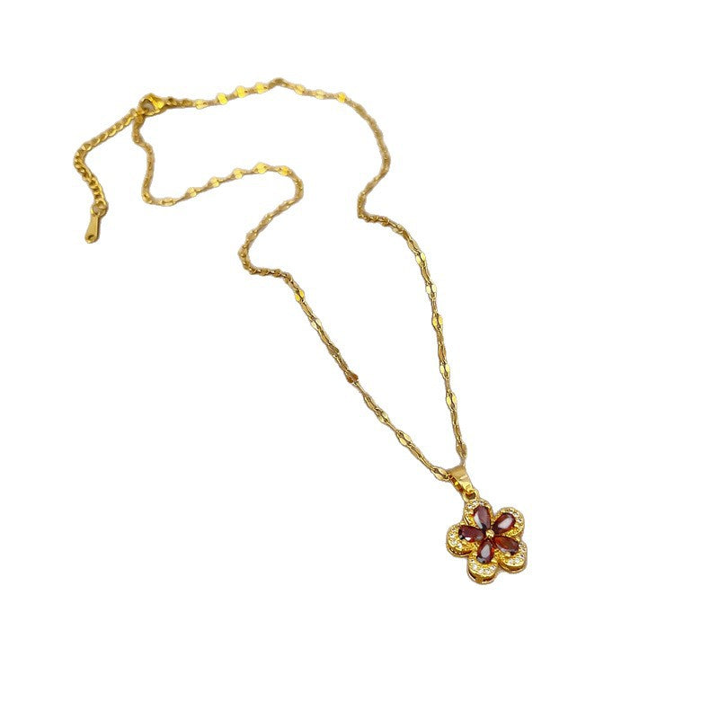 Elegant Pomegranate Red Five-Petal Flower Pendant Necklace for Women Stainless Steel Delicate Clavicle Chain with Geometric Design and Natural Floral Motif