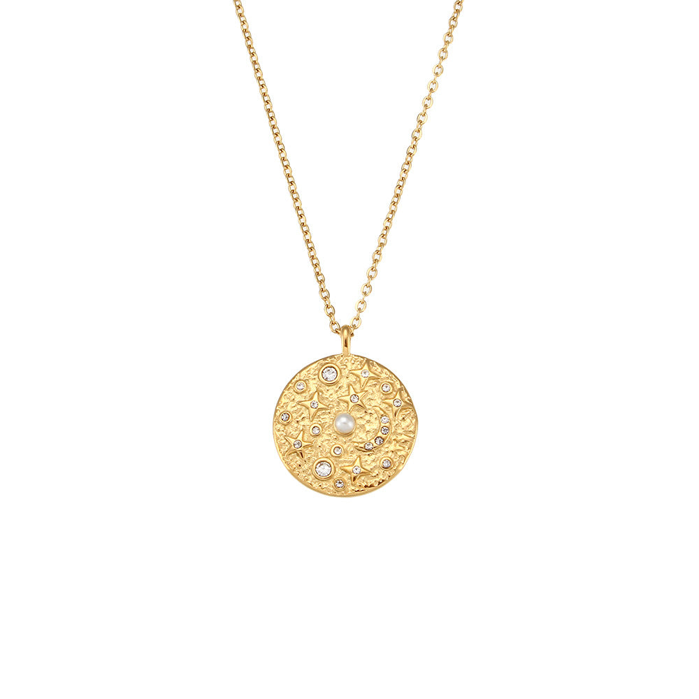 Elegante Collar con Colgante de Estrella de Cuatro Puntas Geométrico de Acero Inoxidable con Acentos de Zirconia y Perla