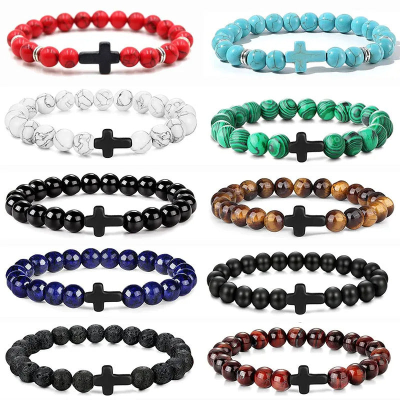 Minimalist Geometric Tiger Eye Turquoise Obsidian Beaded Bracelet Unisex Handmade Jewelry