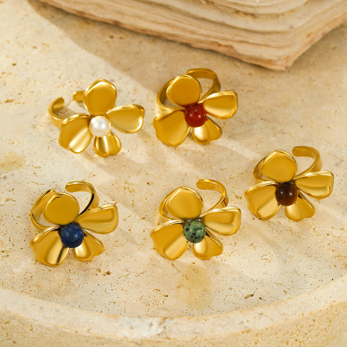 Anillo abierto de acero inoxidable con forma de flor y acabado chapado, de moda para mujer