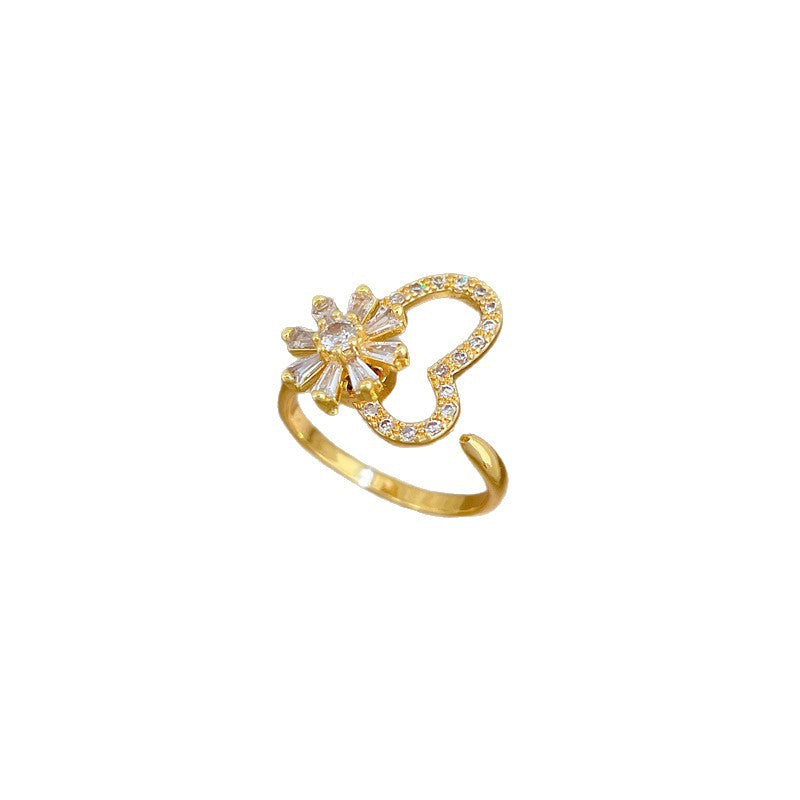 Sweet Gold Plated Brass Rotating Flower Crown Cubic Zirconia Adjustable Ring for Women and Couples