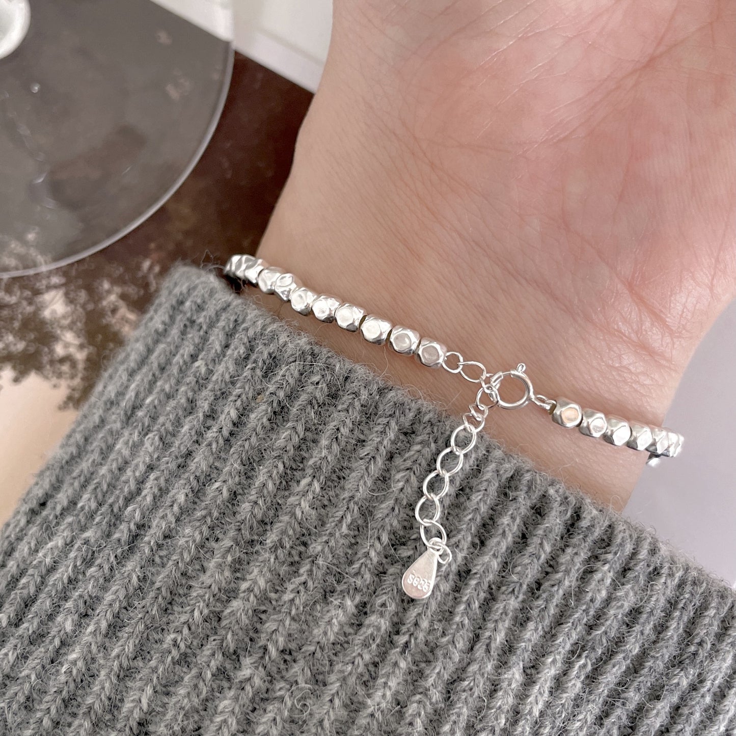 Pulsera de cuentas cuadradas geométricas de estilo natural en plata de ley S925 con acabado chapado