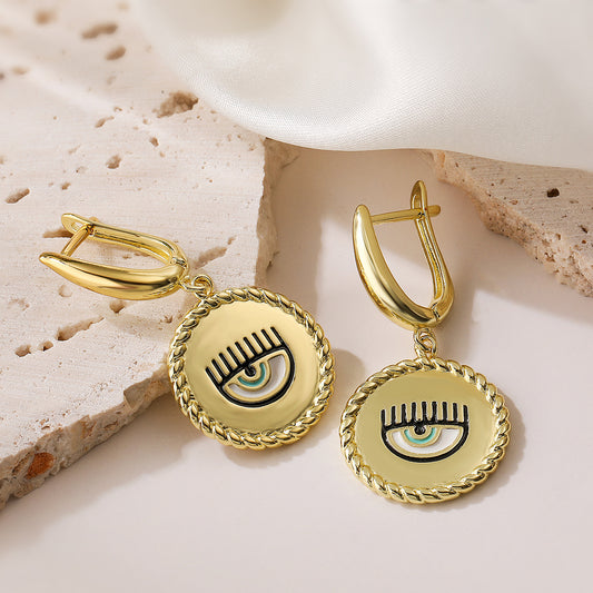 Minimalist Vintage 18K Gold Plated Brass Drip Oil Round Evil Eye Earrings for Women