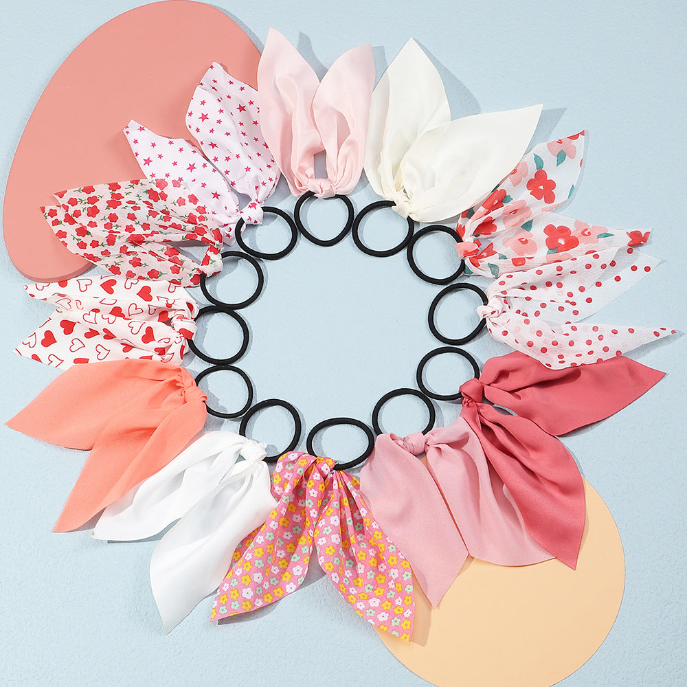 Spring Summer Floral Polka Dot Heart Star Printed Ribbon Hair Tie for Kids in Fabric Material