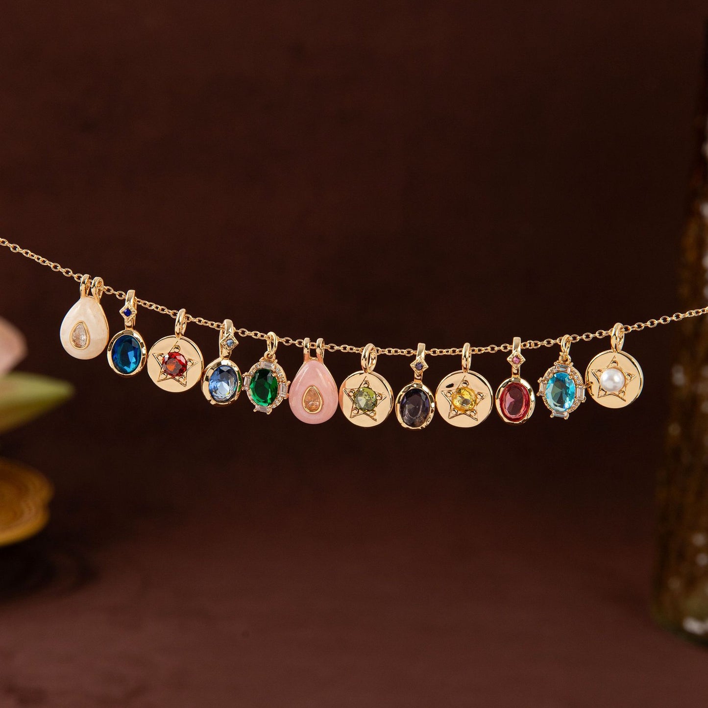Vintage Geometric Stainless Steel PVD Gold Plated DIY Charm Bar Necklace with 12 Birthstones