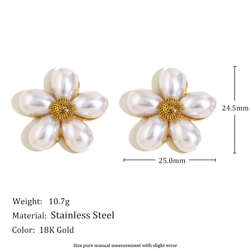Elegant French-Style Stainless Steel Earrings with 18K Gold Plating, Rolled Edge Design, Faux Pearl Floral Motif, Geometric Shape