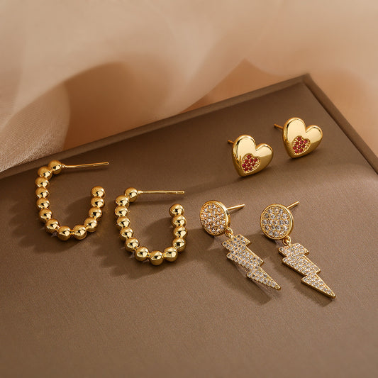 Vintage Geometric Heart Lightning Stud Earrings for Women in Copper with 18K Gold Plating and Zircon Inlay