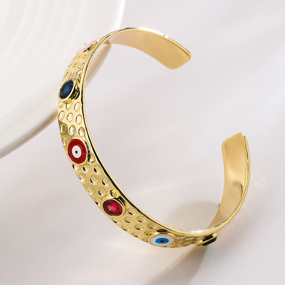 Bohemian Style Geometric Open Cuff Bracelet for Women with Copper Base Plated in Real Gold and Enamel Eye Design with Micro-Pave Zirconia
