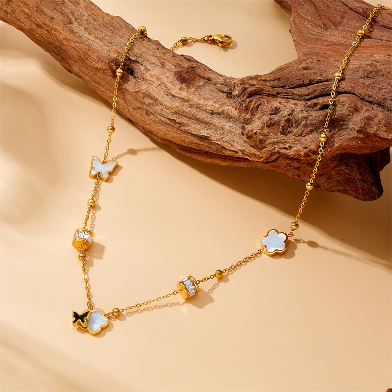 Set Collana Orecchini Bracciale Placcato in Acciaio Inossidabile con Fiori Floreali Eleganti Farfalle Vintage