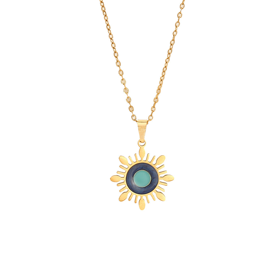 Minimalist Blue Enamel Eye Pendant Necklace with Hand Charm in Stainless Steel