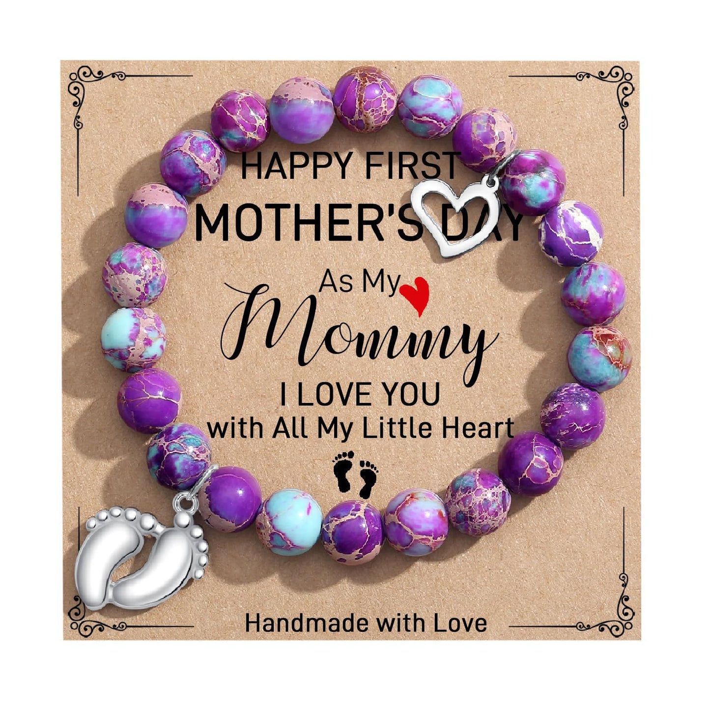 8mm Pink Zebra Agate and Imperial Turquoise Floral Heart Bracelet with Gemstone Inlay Unisex Handmade Jewelry