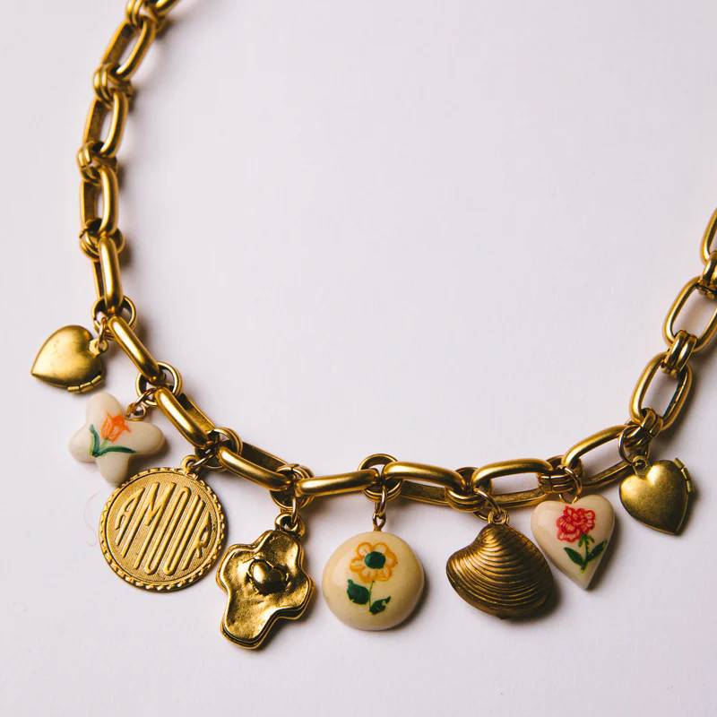 Fashion Floral Cross Heart Gemstone Stainless Steel PVD 18K Gold Plated Necklace