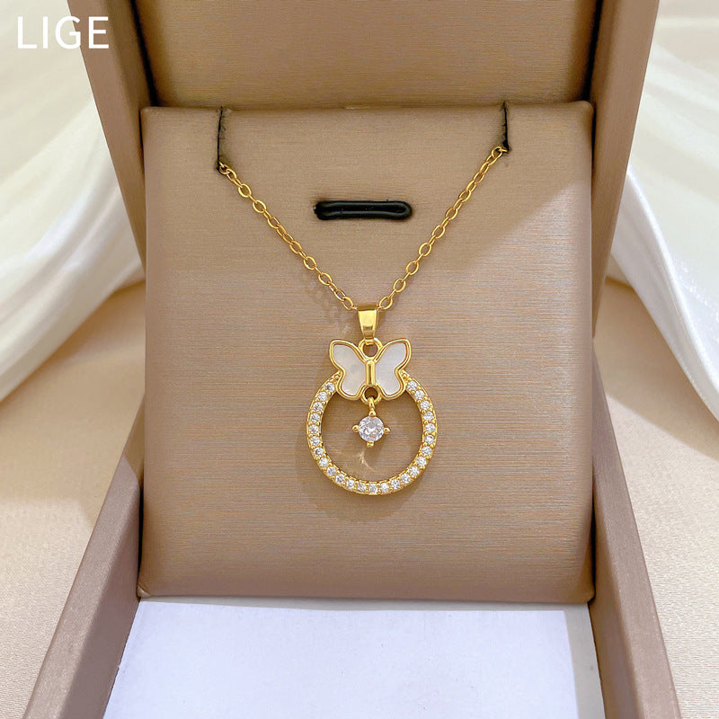Luxury Full-Rhinestone Butterfly Pendant Necklace for Women Titanium Steel Chain Delicate Clavicle Jewelry Geometric Design