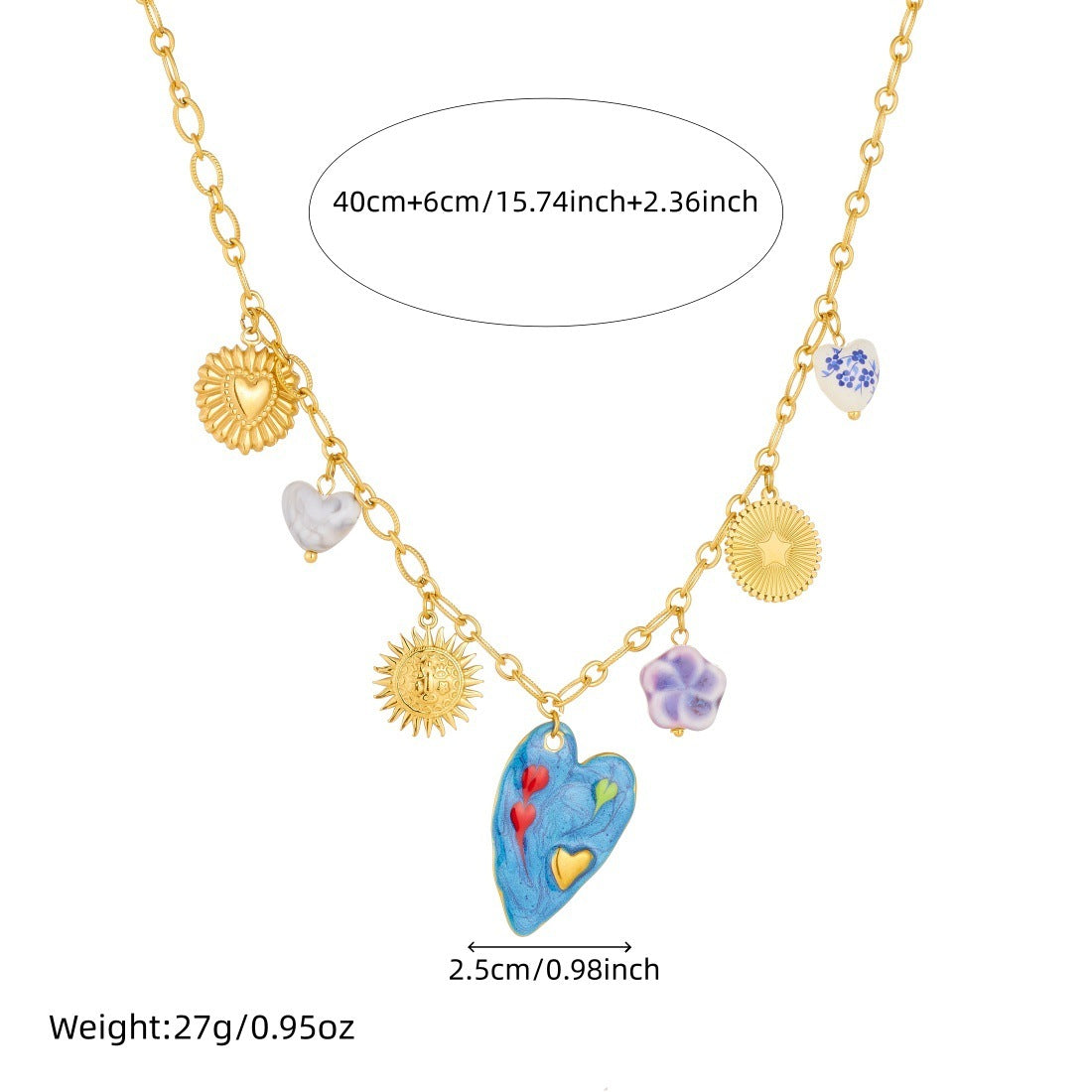 Creative Drip Oil Gold Plated Heart Floral Ceramic Pendant Stainless Steel Cable Chain Necklace for Women