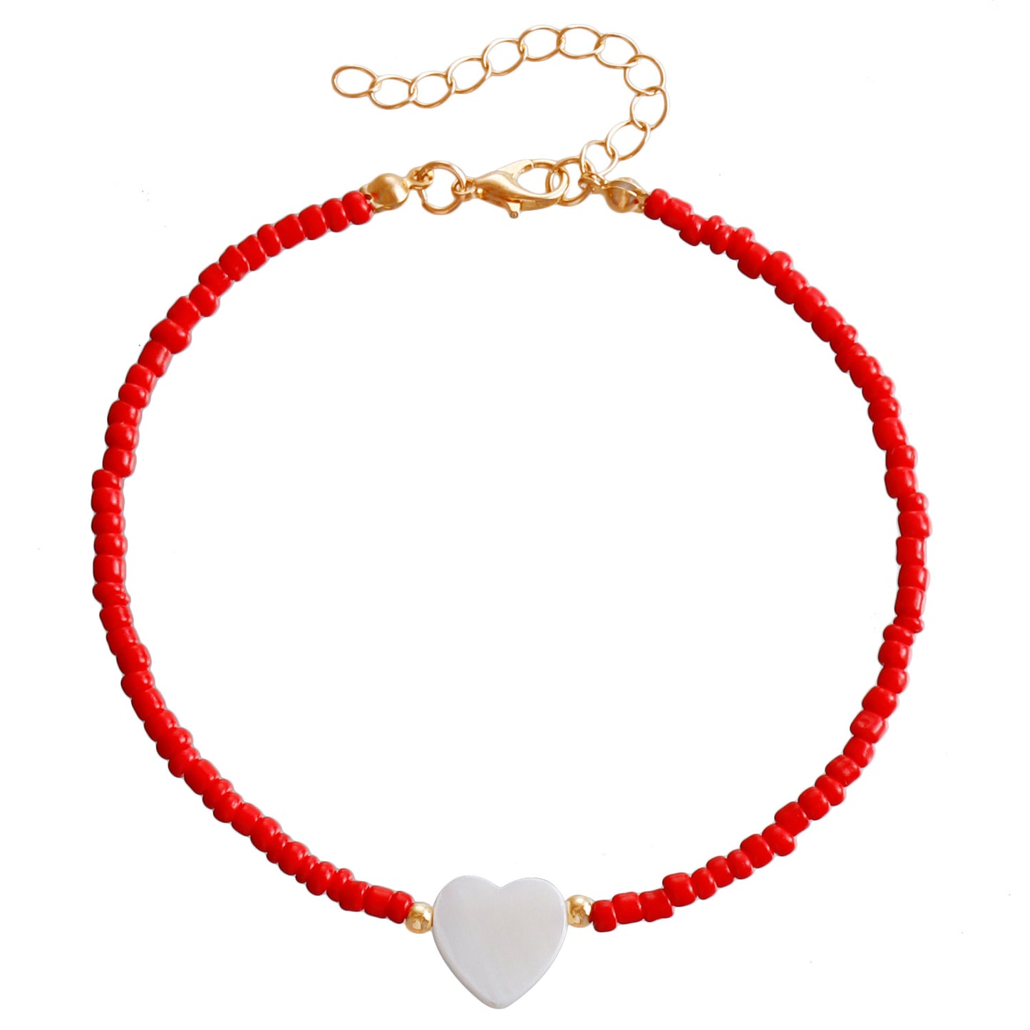 Bohemian Style Adjustable Anklet with Mother-of-Pearl Heart Charm and Colorful Seed Beads on Alloy Chain