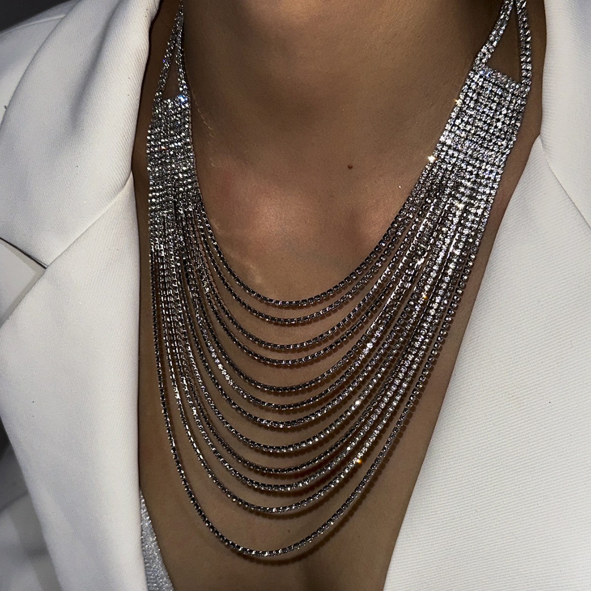 Minimalist Luxury Geometric Rhinestone Plated Alloy Multi-layer Tassel Necklace for Women