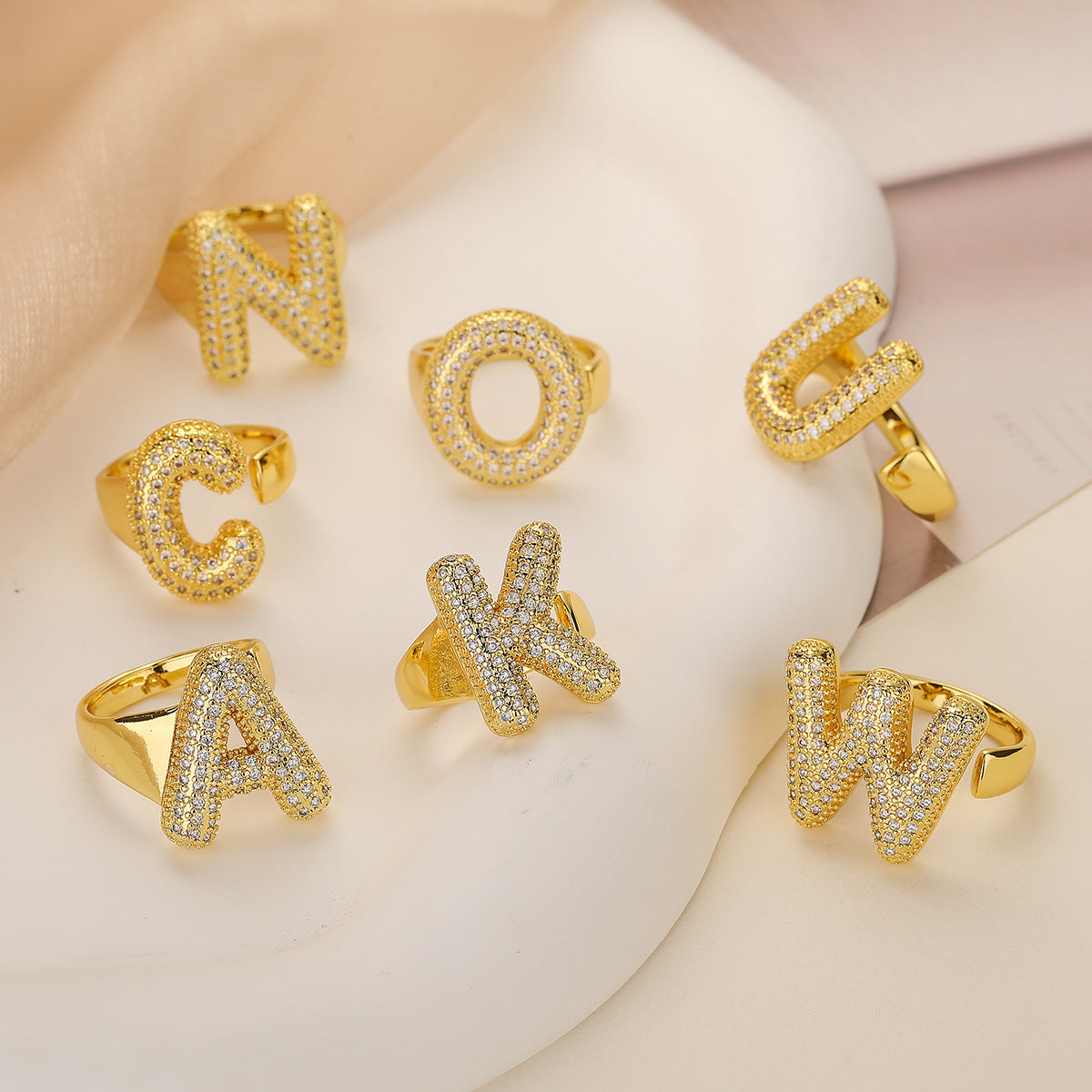 Minimalist Geometric Letter Zirconia Ring for Women in Copper with Gold Plating and Micro-Pavé Setting