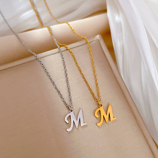 Minimalist Geometric Letter M Pendant Necklace in Titanium Steel with Gold Plating for Women and Men