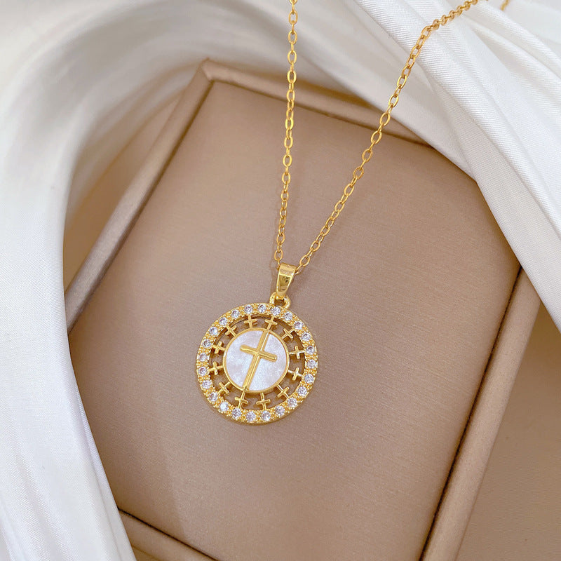 Minimalist Round Cross Pendant Necklace for Women Stainless Steel Snake Chain with Rhinestone Inlay