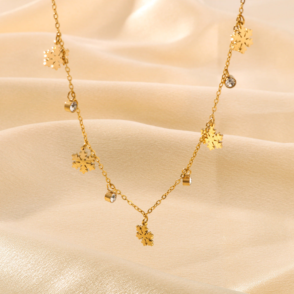 Minimalist Snowflake Pendant Necklace in Stainless Steel with 18K Gold Plating for Women