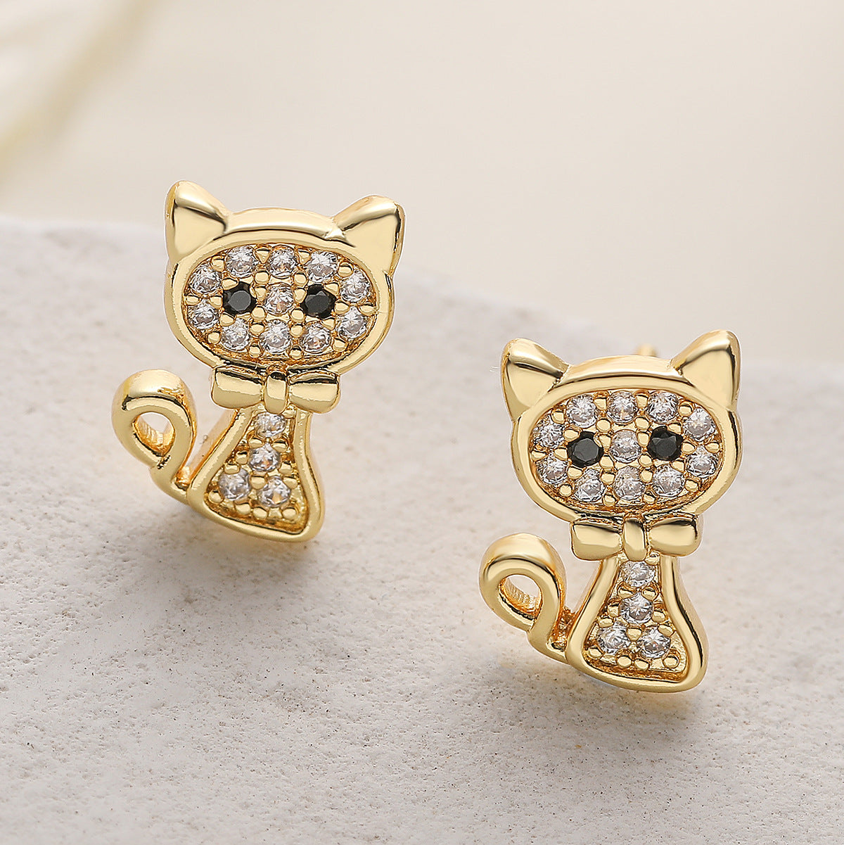 Exquisite 18K Gold Plated Brass Geometric Cat and Bee Stud Earrings with Cubic Zirconia for Women