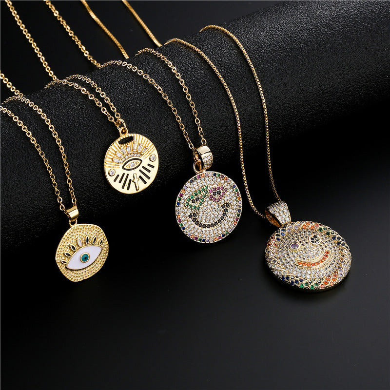 Hip-hop Punk Geometric Micro-inlay Cubic Zirconia 18K Gold Plated Brass Smile Face Necklace Box Chain