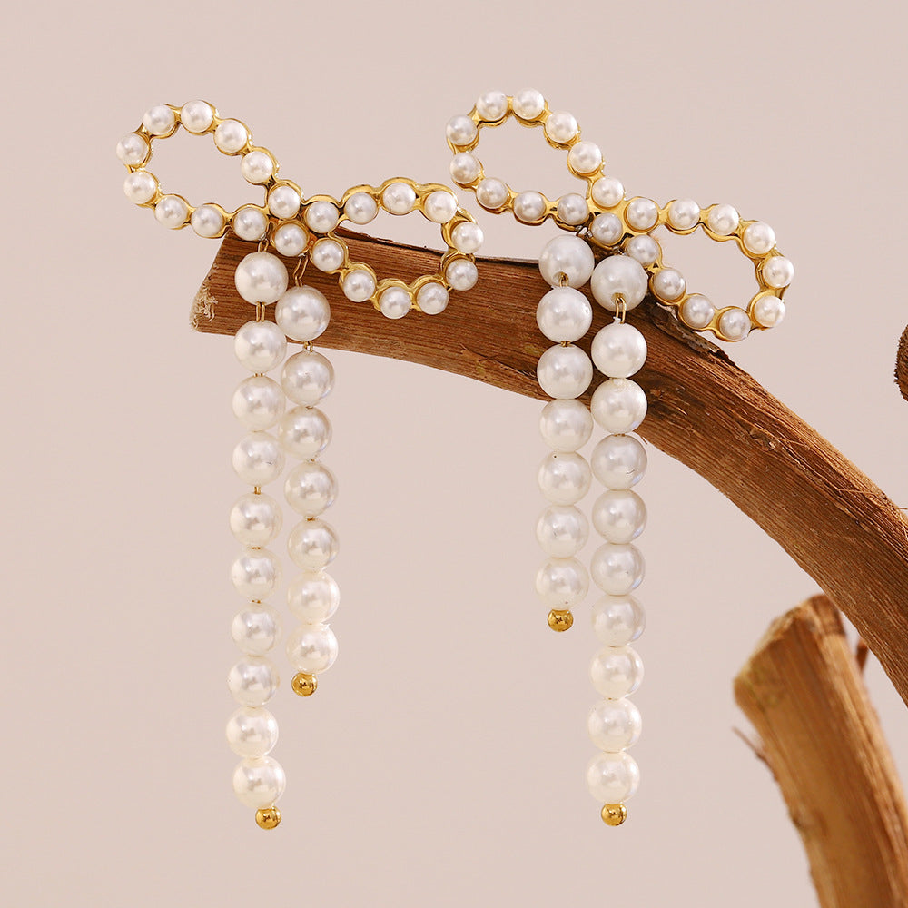 Vintage Butterfly-Shaped Stainless Steel Earrings with 18K Gold Plating and Simulated Pearl Accents for Women