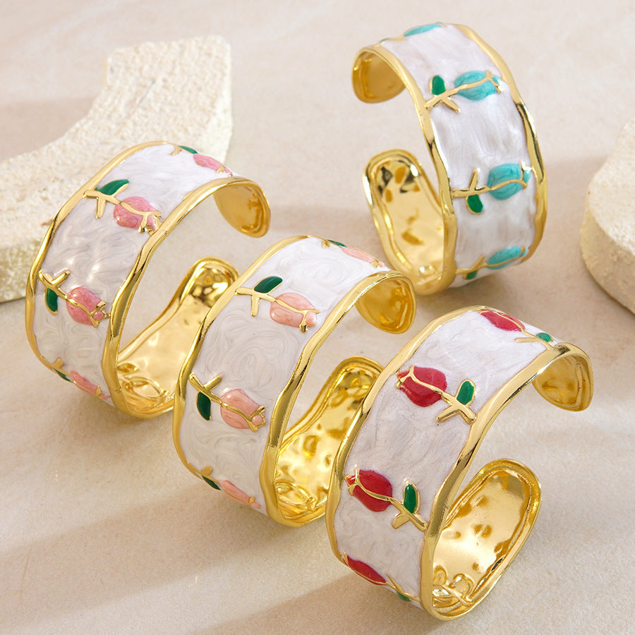 Elegant Stainless Steel Drip Oil Enamel Tulip Cuff Bracelet for Women