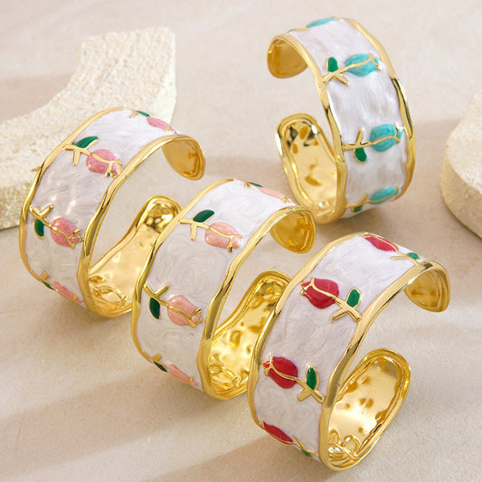 Elegant Stainless Steel Drip Oil Enamel Tulip Cuff Bracelet for Women
