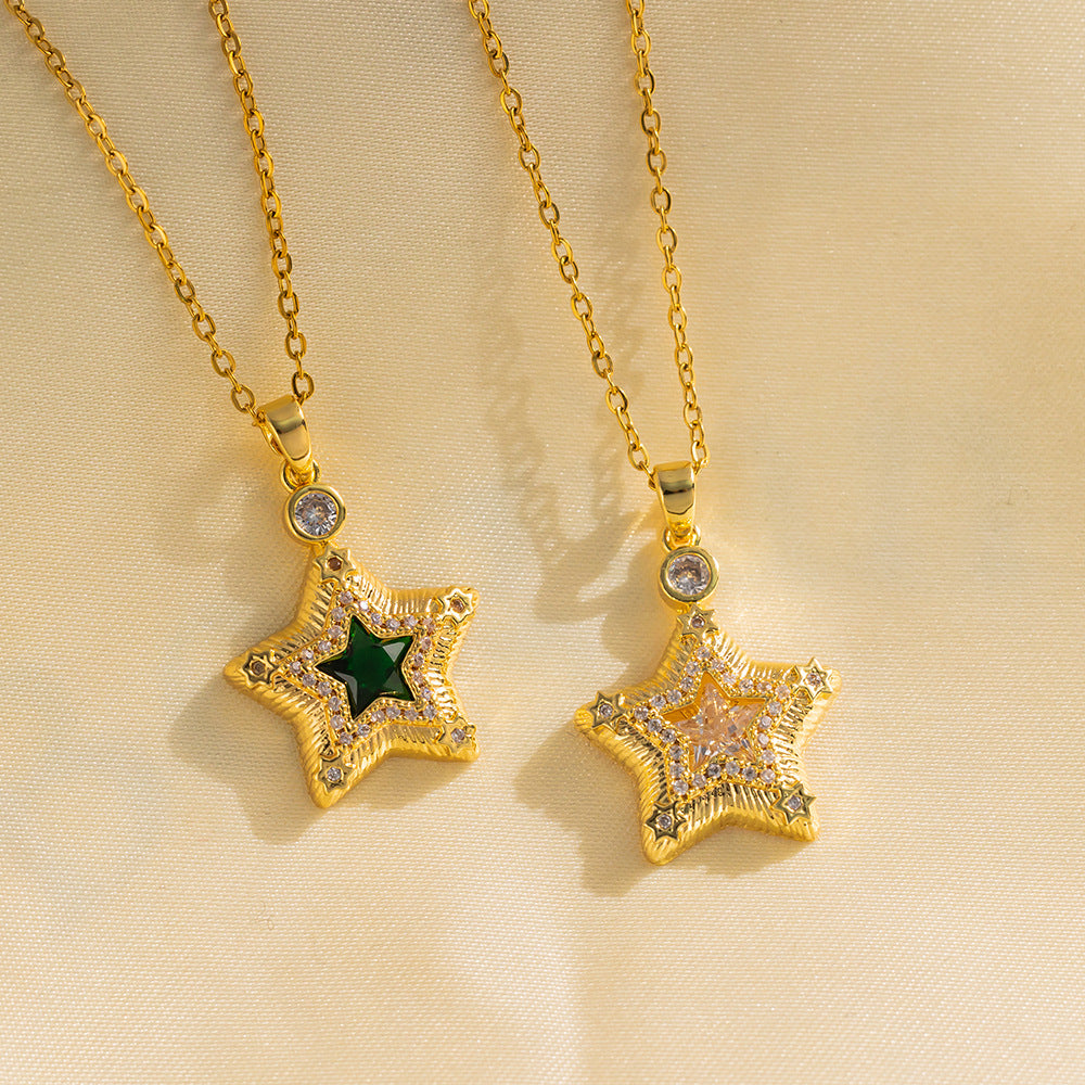 Minimalist Star Pendant Necklace for Women in Titanium Steel with Rhinestone Inlay and O-Chain Design