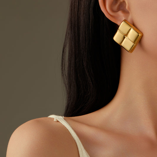 Minimalist Geometric Square Pattern 18K Gold Plated Stainless Steel Earrings with Matte Grid Texture