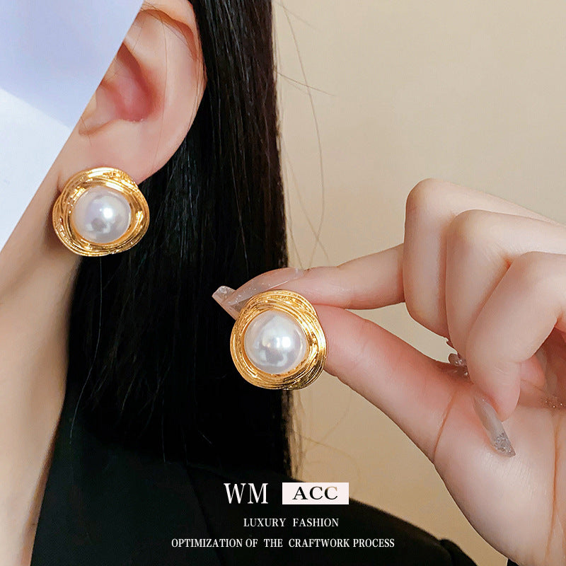 Vintage Geometric Metal Stud Earrings with Round Pearl Accents and Silver-Plated Posts for Women