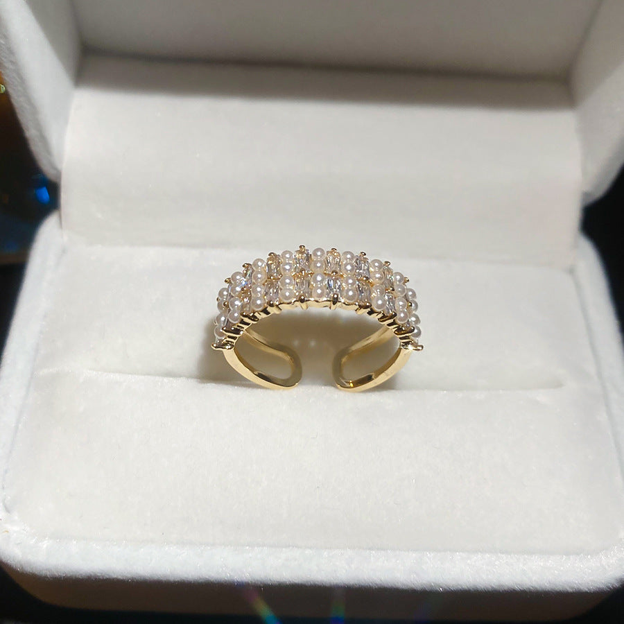 Anillo Abierto Minimalista de Lujo con Perla Redonda Geométrica y Circonita para Mujer en Cobre
