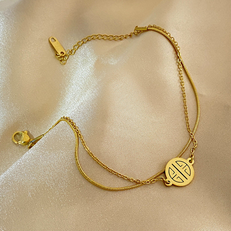 Gold Plated Titanium Steel Fu Character Double Layer Bracelet