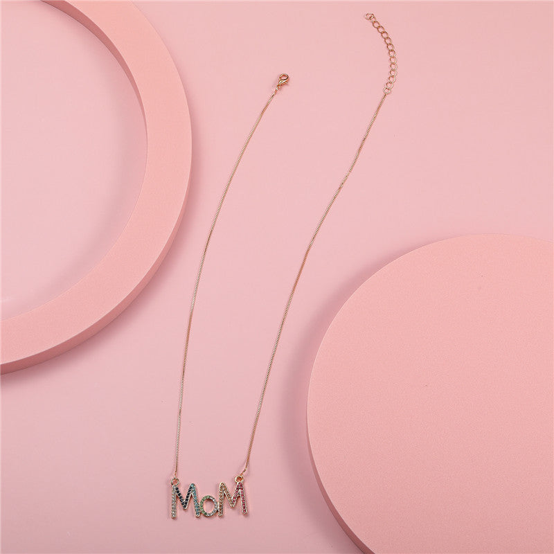 Minimalist MOM Letter Pendant Necklace for Children Alloy Snake Chain with Colorful Rhinestone Inlay